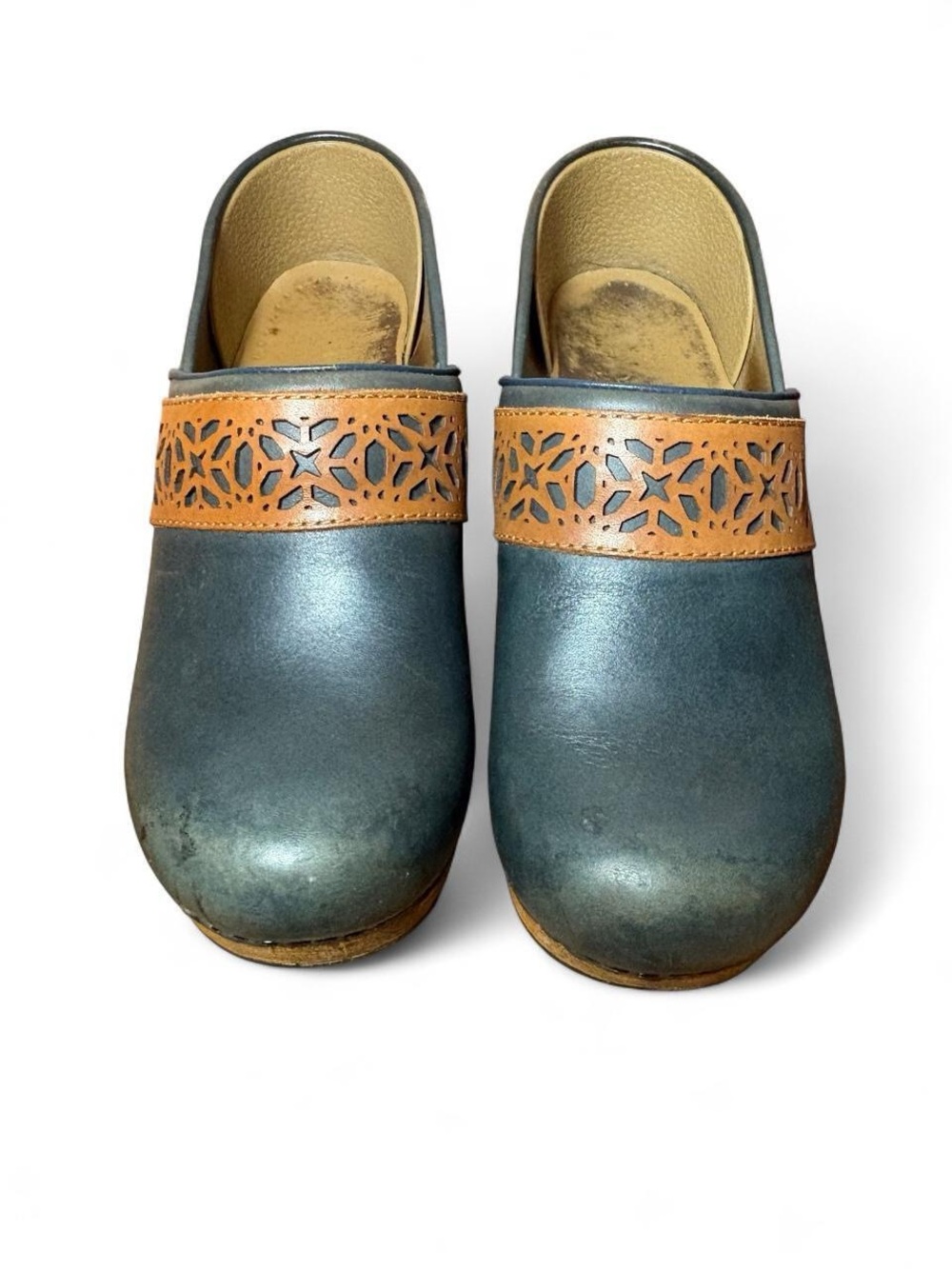 Rare Dansko Pavan Clogs in Navy Leather + Brown Leather Filigree